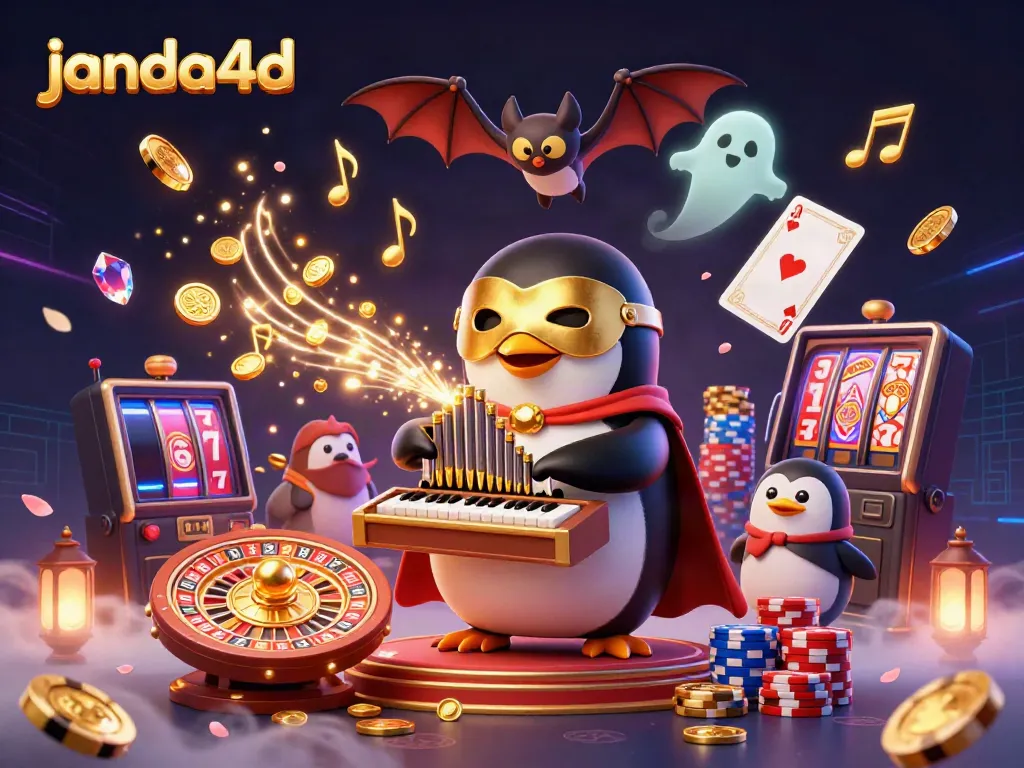Permainan slot online di janda4d dengan karakter penguin misterius dan koin emas yang berhamburan.