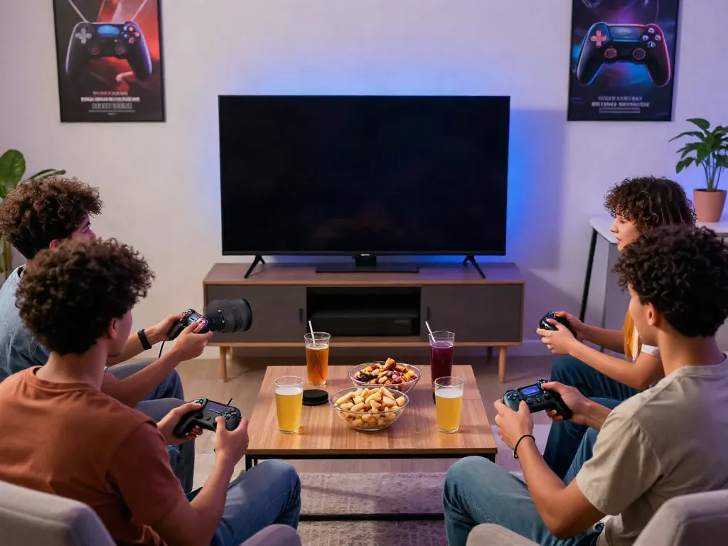 KONEK4D x GRANDBET88: Momen seru bermain game bersama teman-teman di ruang tamu yang nyaman.