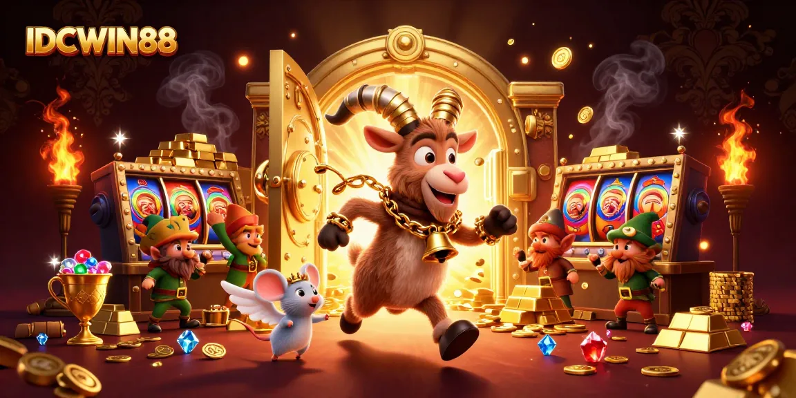 Experience IDCWIN88's thrilling slot adventures with an engaging Krampus character in a vibrant casino scene.