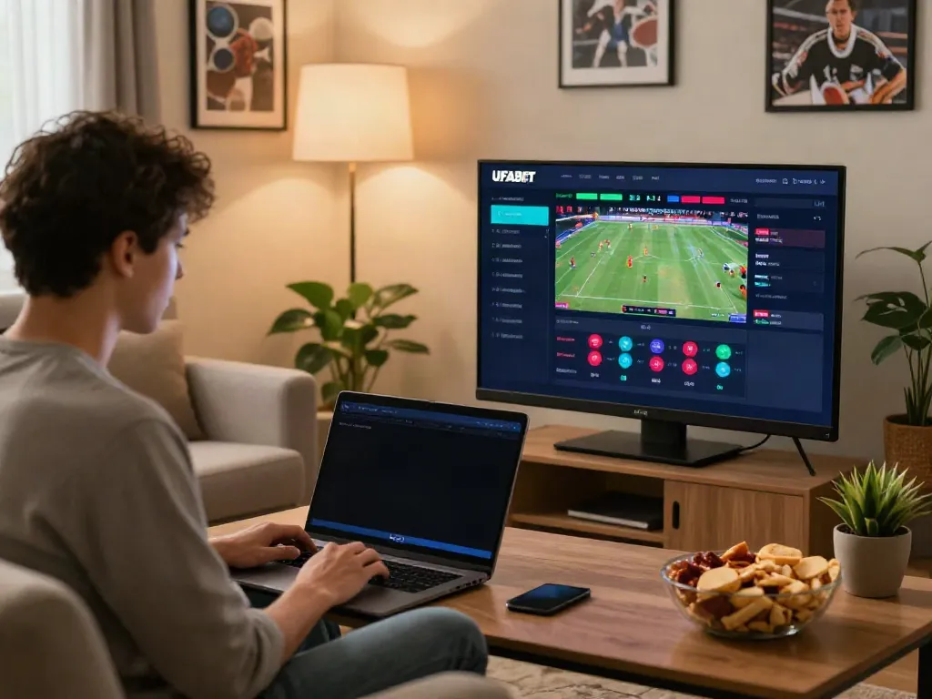 Ufa betting platform scene with user interacting with a laptop in a cozy living room.