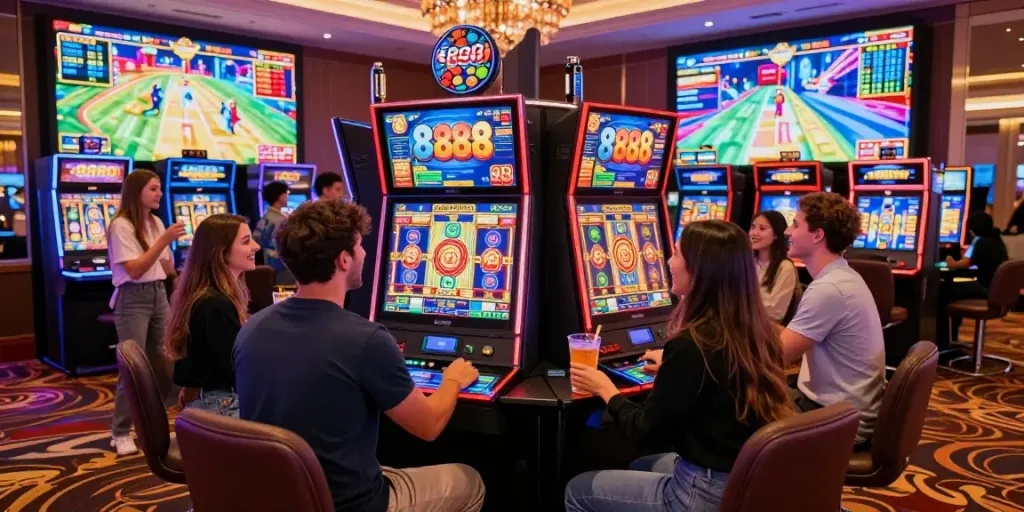 Friends enjoying a lively casino scene with slot888 gameplay and exciting graphics.