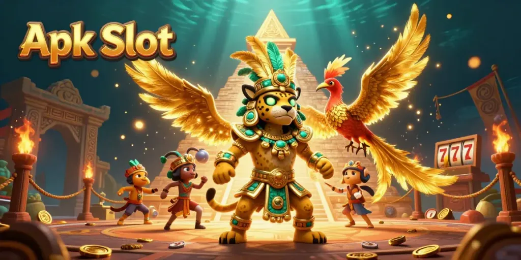 Menangkan Apk Slot dengan gambar 3D ilustrasi slot, jaguar, dan burung quetzal.