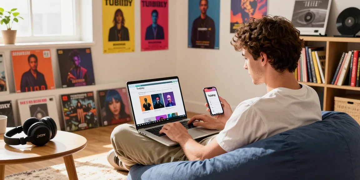 Young man using Tubidy to download MP3 tracks in a cozy home setup.