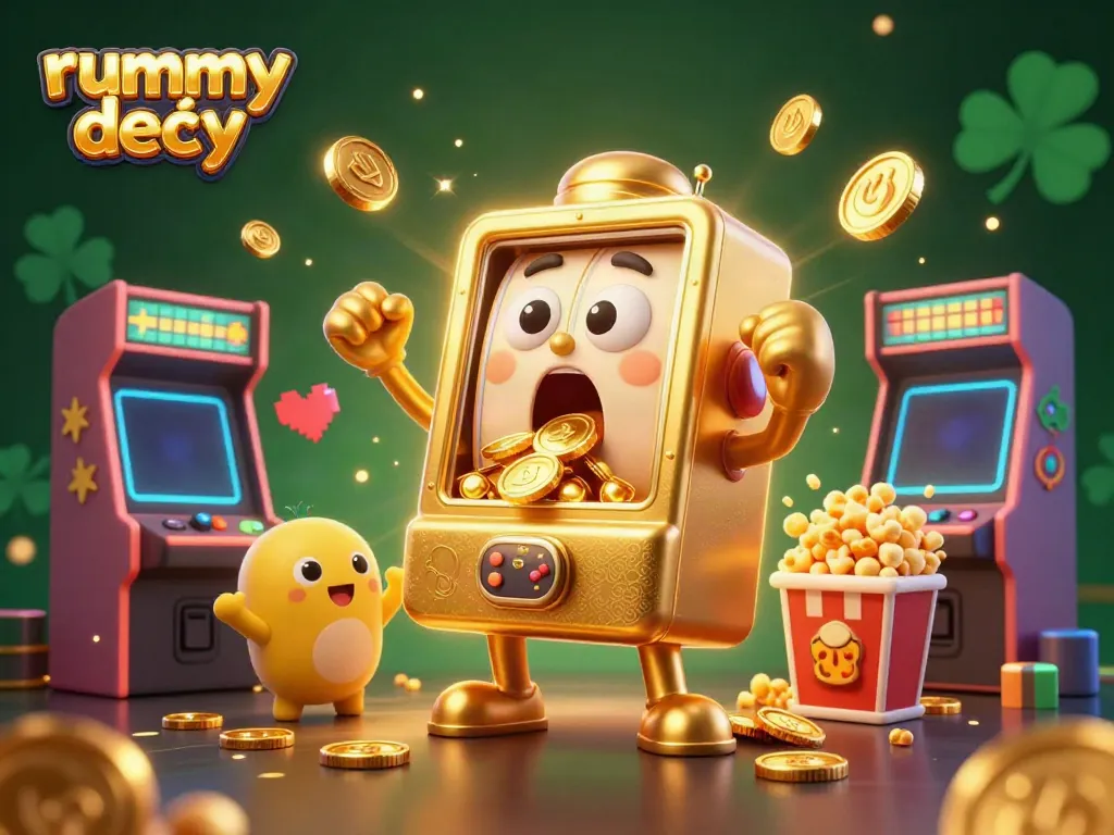 Permainan Rummy Deity menampilkan mesin slot 3D emas terperangkap dalam jackpot dengan koin berjatuhan.