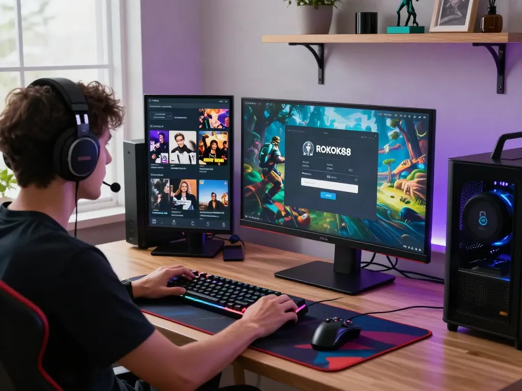 rokok88 login interface displayed on a vibrant gaming monitor with accessories in a modern gaming setup