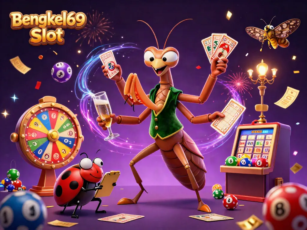 Bengkel69 Slot showcases a lively casino scene with a giant praying mantis dealer, vivid lottery balls, and festive energy.