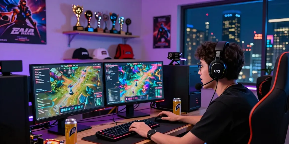 Raja Game login scene with an enthusiastic gamer engaging on dual monitors.
