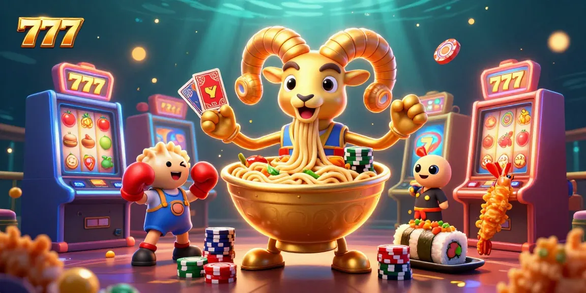 Play 777-themed slots with a golden ramen bowl dealer surrounded by vibrant game elements.