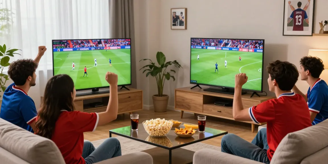 Friends watching مباريات اليوم live in a vibrant living room with snacks.