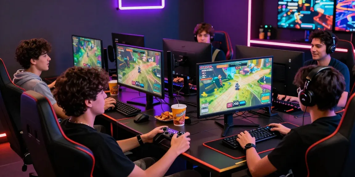Group playing hitclub video game in a vibrant gaming setup.